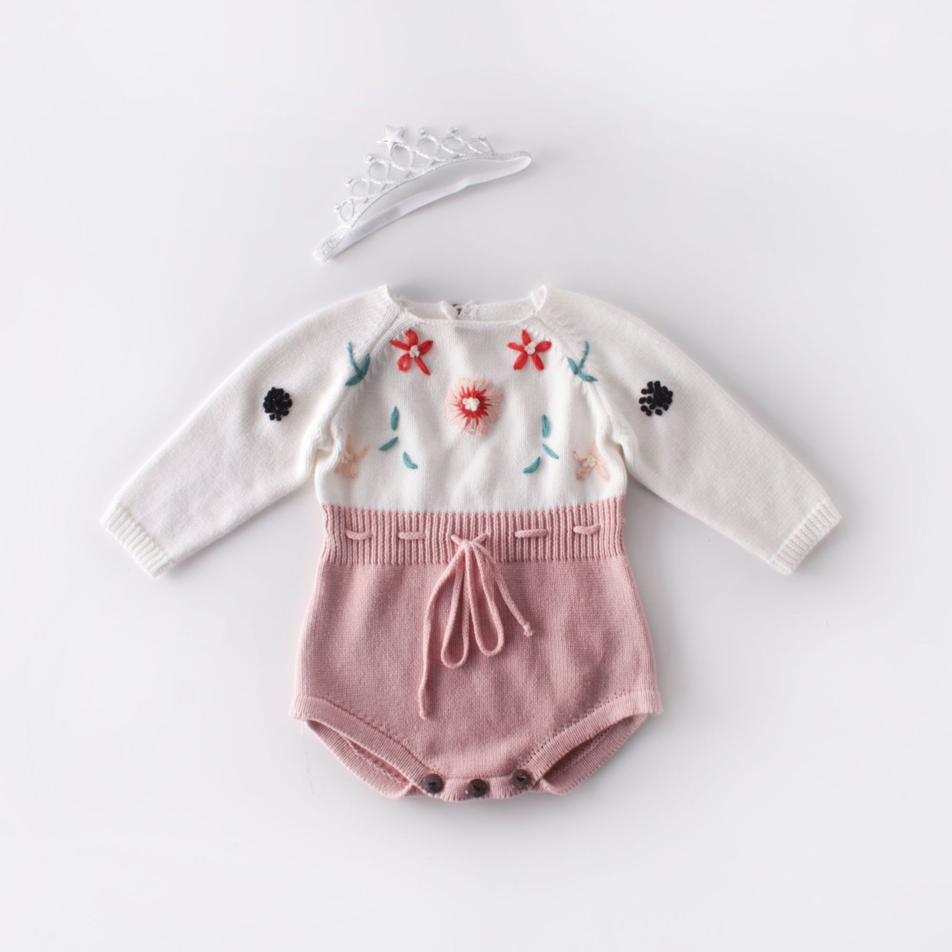 Baby drenge piger efterårs sweater blomster broderi rund hals lange ærmer strik jumpsuit body til baby