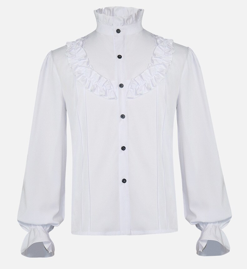 Camisa Medieval de estilo victoriano para hombre, ropa gótica con volantes blancos, cuello levantado, manga farol, Vintage, Top, , banquete, uso diario: White / M