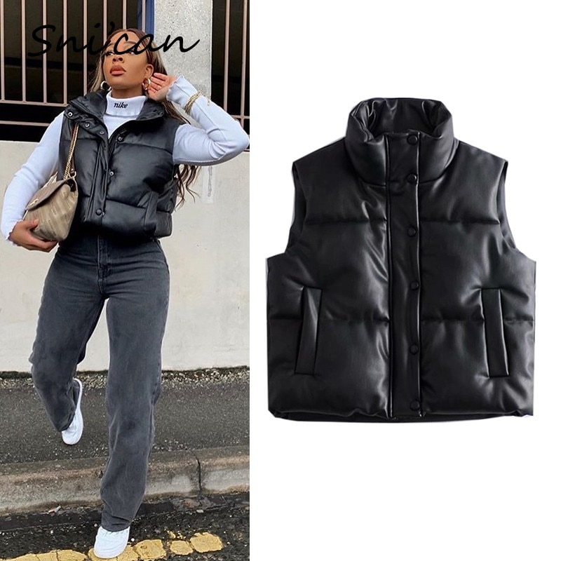 Black Pu Faux Leather Blazer Winter Vintage Cropped Jacket Women Chaquetas De Mujer Za Female Outwear Abrigo Veste
