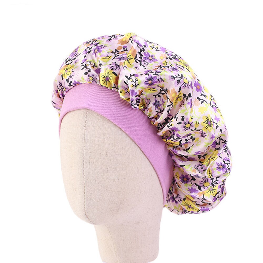 Cute Pattern Kids Satin Sleep Cap Bonnet Flower Printed Night Cap Turban Chemo Hat Girl's Wide Elastic Band Night Sleep Cap: 05 Purple