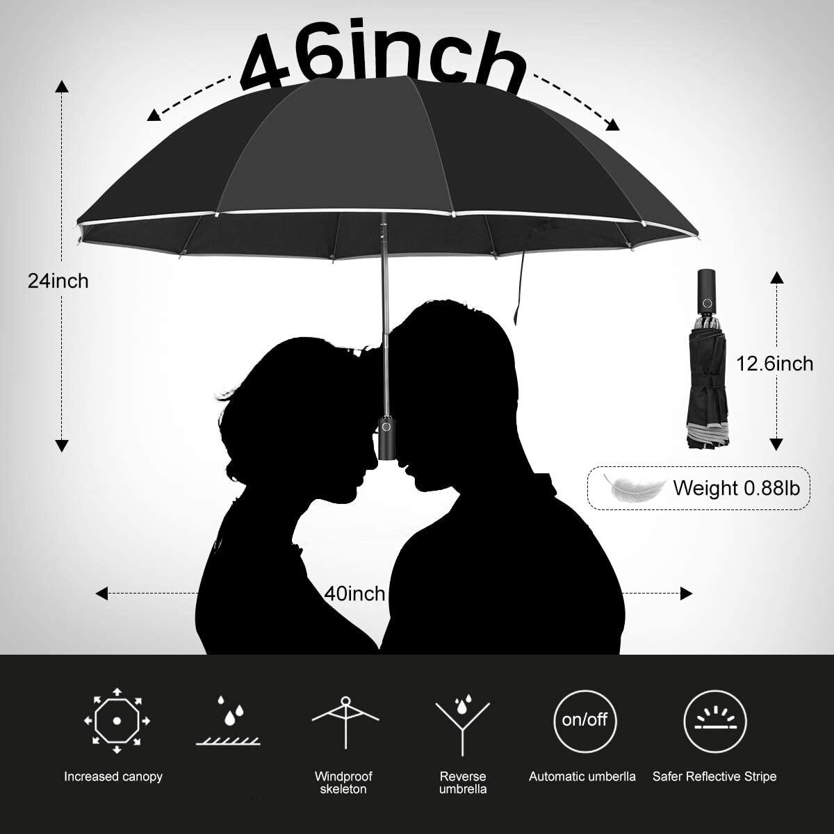 Parapluie inversé/parapluie de voyage Portable coupe-vent, parapluie à 10 nervures, ouverture/fermeture automatique, bandes réfléchissantes pour la sécurité de la nuit