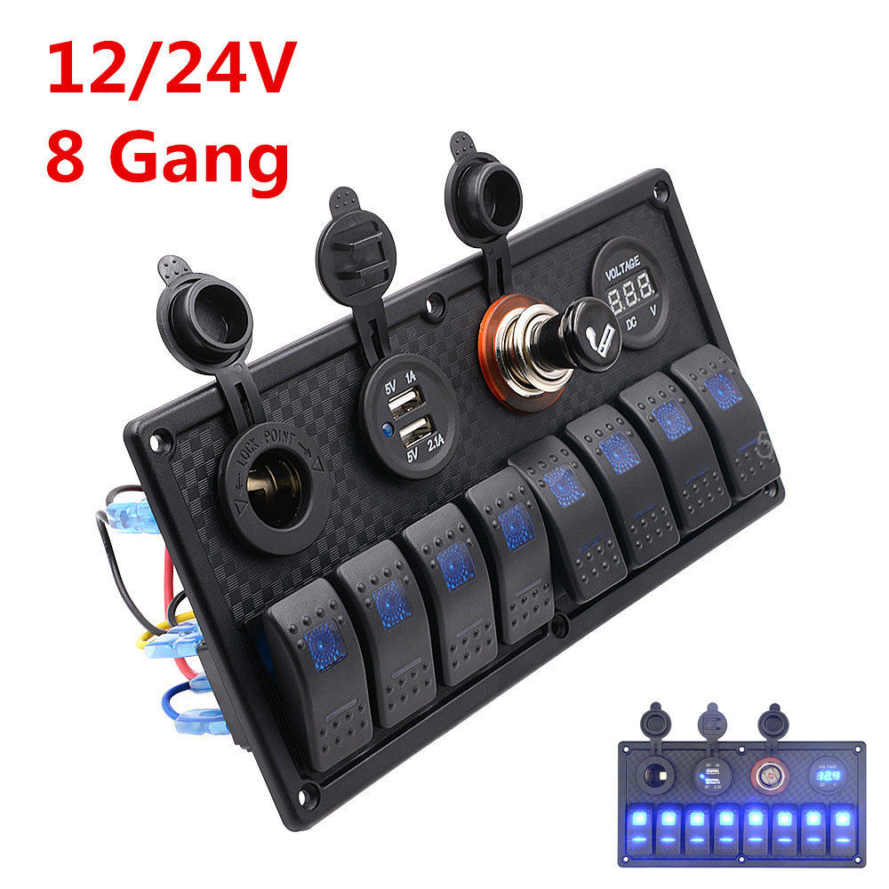 Marine Boat Rocker Switch Panel 8 Gang Waterproof ON Off Toggle Switches with Digital Voltage Display 3.1A Double USB