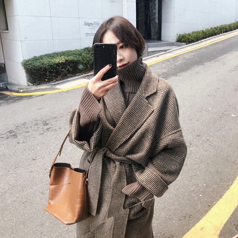 Abrigo de lana para mujer Vintage, abrigo largo y grueso para mujer, abrigos, chaquetas, abrigo largo tejido para Otoño e Invierno