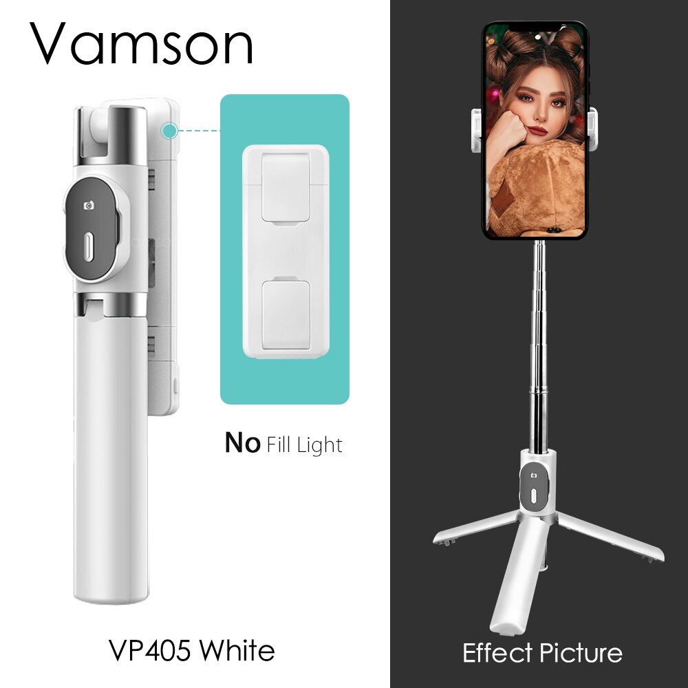 Vamson para iphone ios android tripé selfie vara com controle remoto sem fio bluetooth e 3 cores 9 modos duplo luz de preenchimento vp405: VP405 White