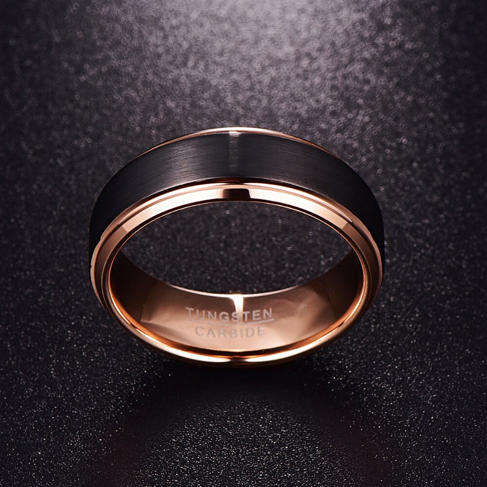 FDLK 8mm Rose Gold Stainless Steel Ring Surface Black Brushed Wedding Band Unisex Men and Women Promise Jewelry