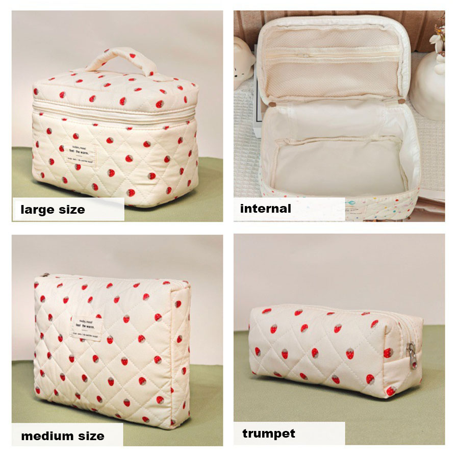 strawberry Makeup Bag Women's Cosmetic Bags Portable Cute Cosmetic Travel Storage Pouch Handbag Cotton Quilted Zipper Pu