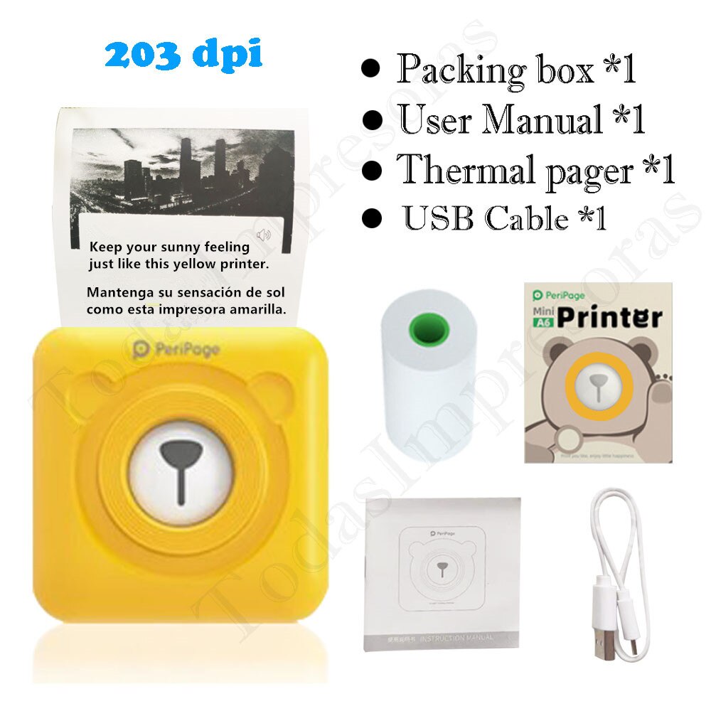 PeriPage Red Ink-free Portable Thermal Photo Printer Mini Label Printer Mobile Android iOS Phone 2&#39;&#39; Pocket Bluetooth A6 Papeles: A6 203 Yellow