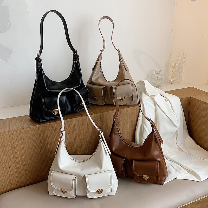 Solid Color PU Leather Bag Shoulder Bag for Women Multiple Pockets Handbag Large Capacity Top-Handle Bags