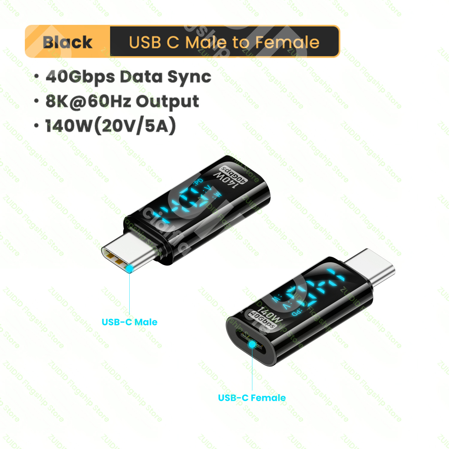 Transparent LED Display USB4.0 40Gbps Type C to C OTG Adapter 8K@60Hz PD140W 5A Fast Charging Cable for iPhone 15 14 MacBook Pro: black