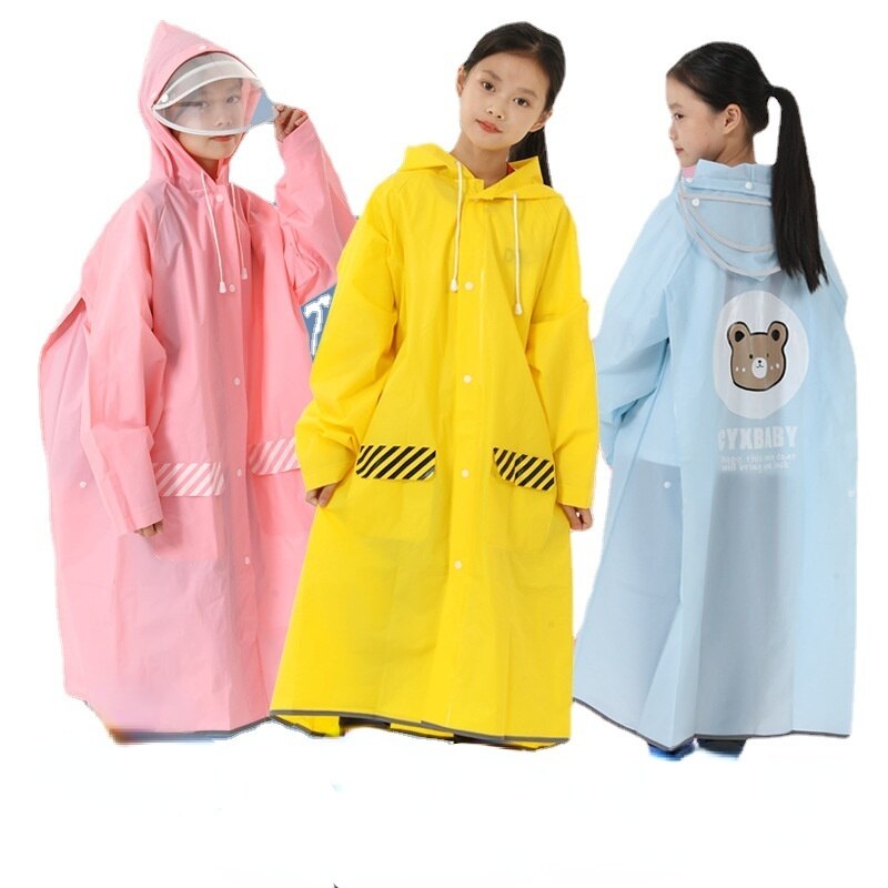 Poncho imperméable en EVA pour enfants, sac d'école de couleur unie, une pièce, long épais pour écoliers de randonnée