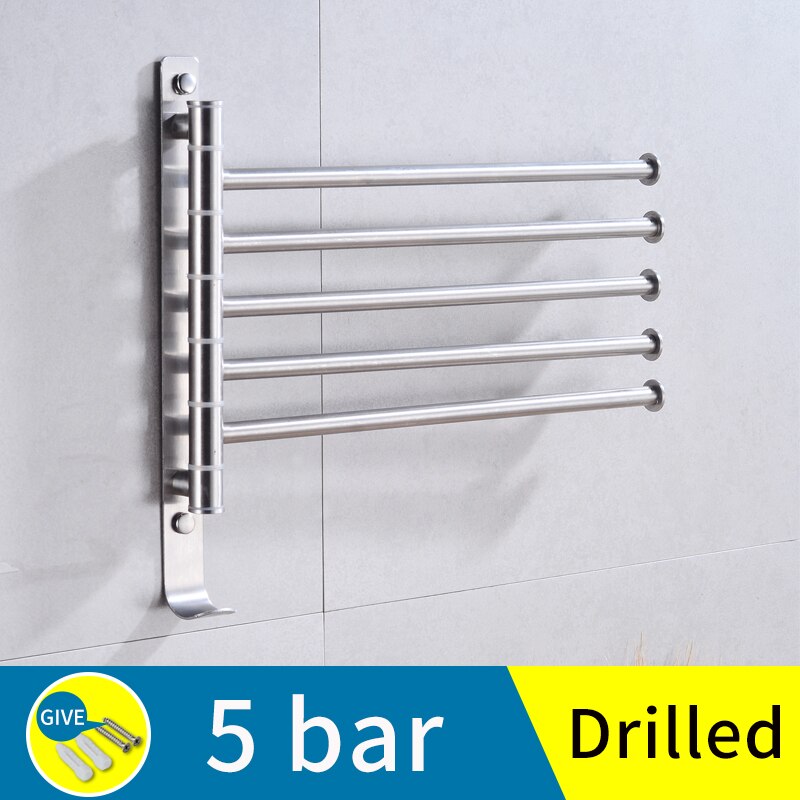 bathroom towel bar stainless steel hanging holder wall mounted glue paste rotating double towel holder rail hanger with hook: B-5bar(drilled)