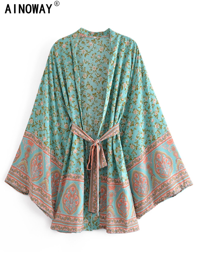 Boho vintage skære med flere blomsterprint kimono kvinder boheme v-hals flagermusærmer rayon bomuld happie kort robe cover-up