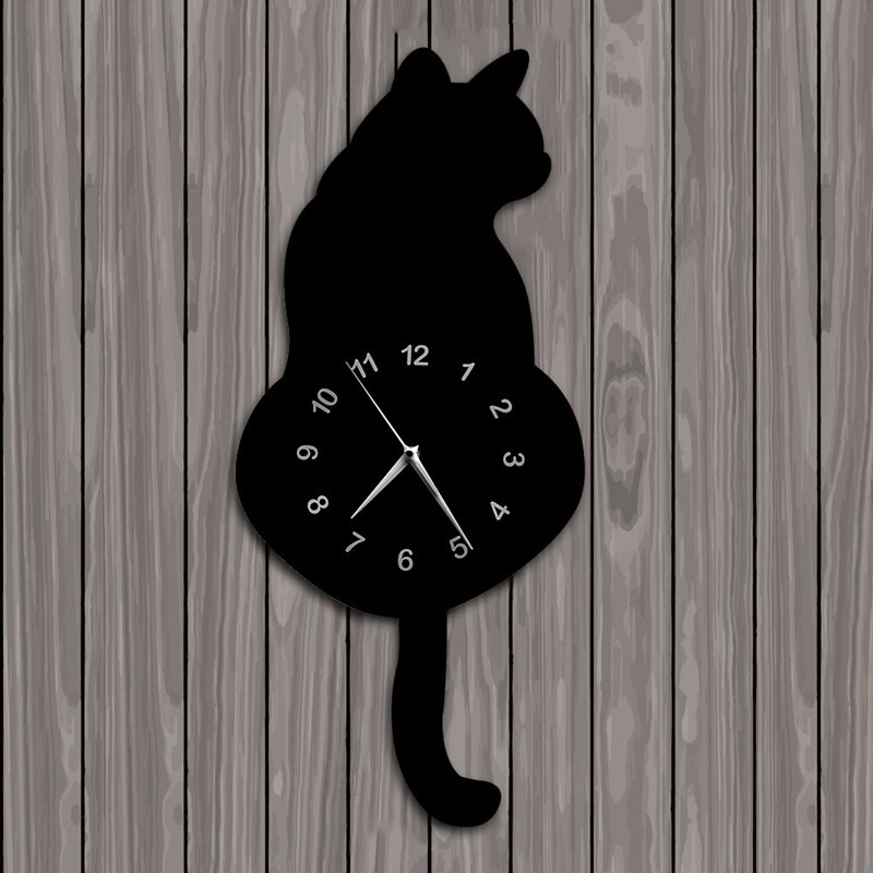 AU05 -Modern 3D Digital Wall Clock Cat Swinging Tail Move Silent Non Ticking Pendulum Quartz Clock for Bedroom Home Decor