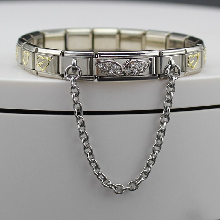 Glücks-Armbinde für damen aus edelstahl, 9mm- teilig, mit flügelgliedern, blumen- und herzanhänger, armreif, schmuck  g64-10: E