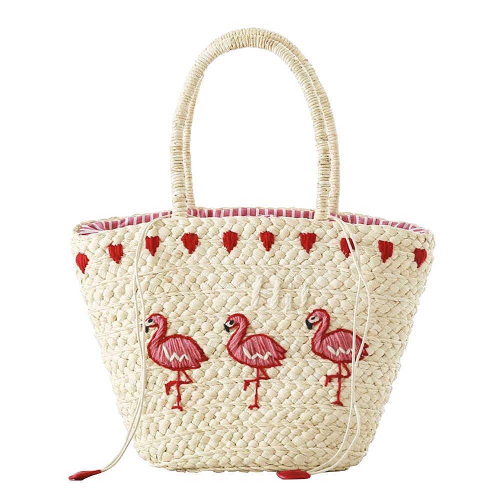 Rode Flamingo Borduurwerk Stro Gevlochten Tas Natuurlijke Flamingo Geweven Strand Sling Tote Bag Voor Vrouwen