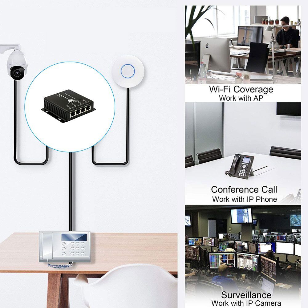 Poe extender 1- portti 10/100m ieee 802.3at ( virta sisään ) to 4- porttia ieee 802.3af ( virtalähtö) poe ip -kamerajärjestelmälle