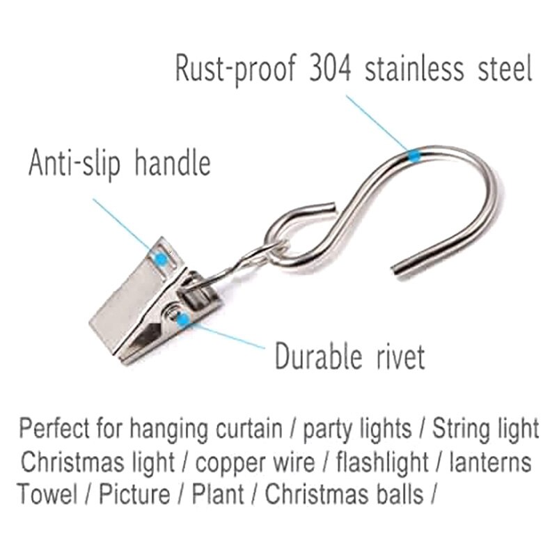 60 stuks gordijnclips met haken voor het ophangen van klemhangers, goothaken voor feestverlichting, buitendraadhouders