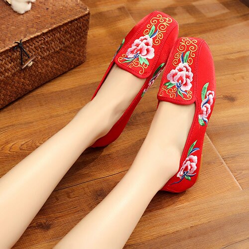 Veotalk-mocassins brodés en tissu coton pour femmes, chaussures plates, haut de gamme, Style chinois vieux pékin, collection sans lacet, collection décontracté: Rouge / 6