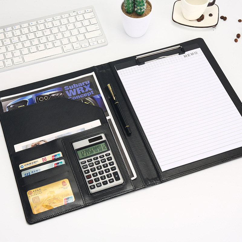 Classeur en cuir PU A4 avec calculatrice, multifonction, fournitures de bureau, organisateur, gestionnaire de tampons d&#39;écriture, porte-documents, sacs Padfolio
