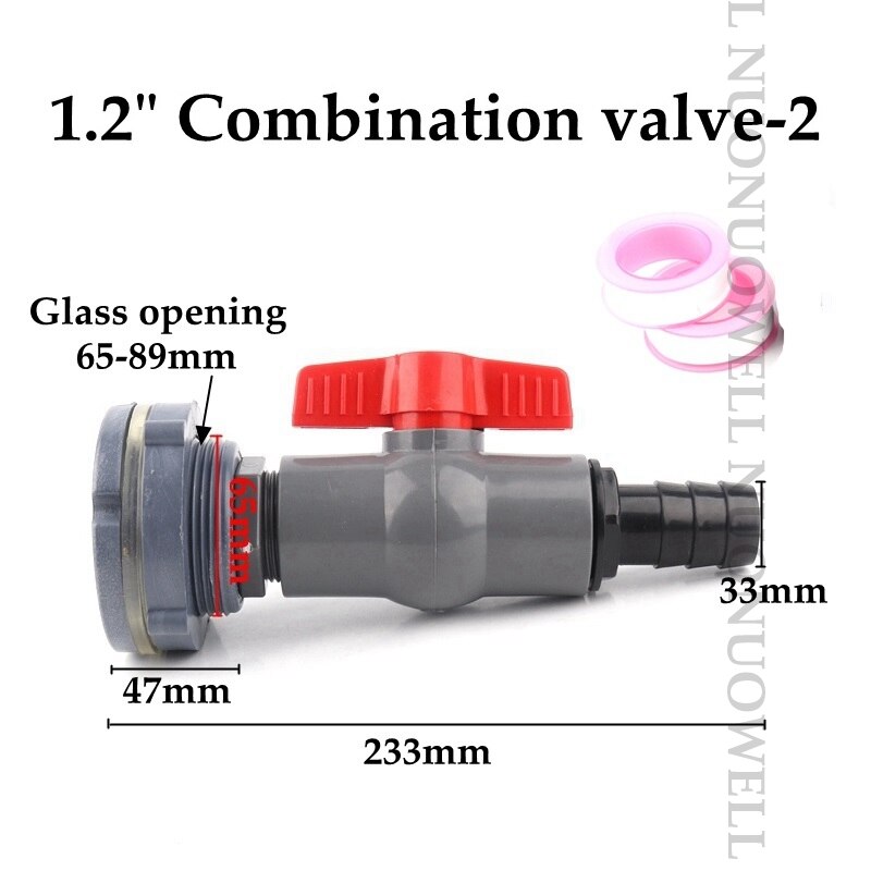 1Set 1/2"1" Combination Valve Aquarium Pagoda Connector Fish Tank Drain Joint Aquarium Hose Drainage Accessories Valve Assembly: 1.2in valve 2