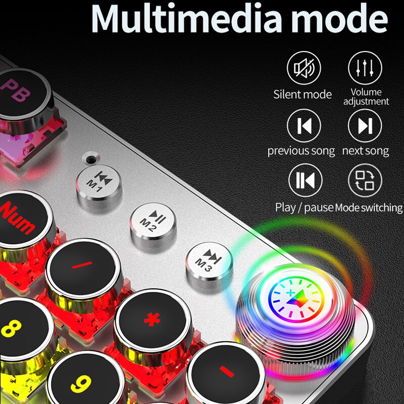 Punk Gaming Mechanical Keyboard Keys Multimedia Knob Steampunk Keyboards Metal panel for Laptop Desktop US Russian Sticker