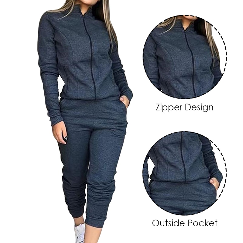 Dam solid träningsoverall sport långärmade tröjor fleece joggingbyxor 2- delar löparset träning gym höst