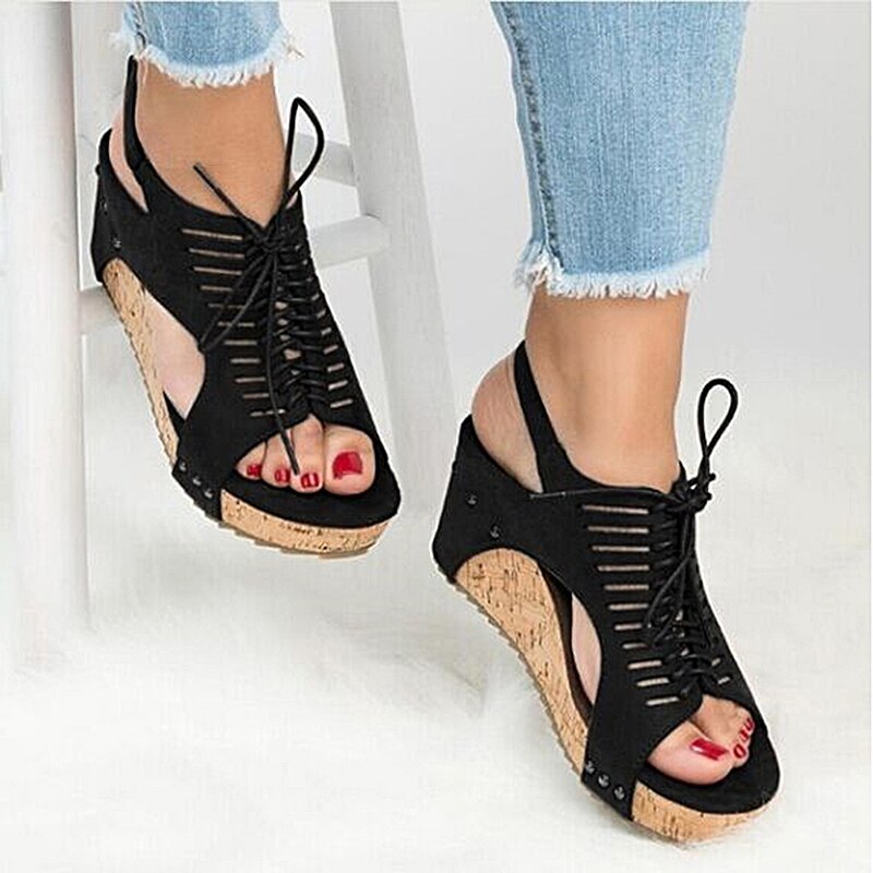 Women's Shoes With Platform Fish Mouth Non-slip Platform Slope Wedge High Heels Buckle Cross-Strap Sandals: Black / 9.5