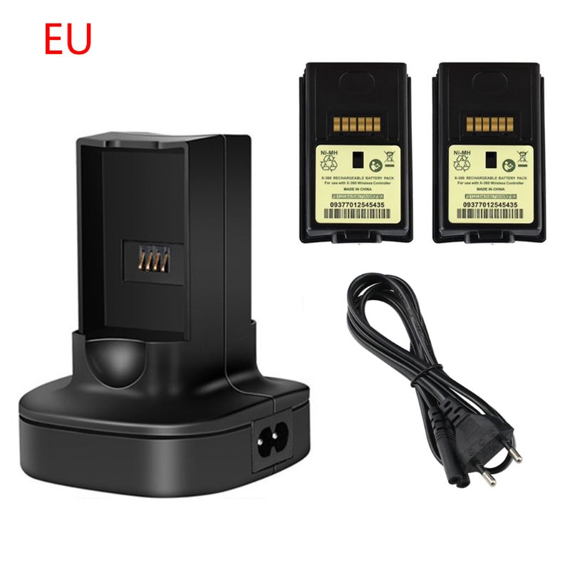 Dual Charger Charging Dock Station with Rechargeable Battery for X-box 360 Game Controller US/EU Plug Power Cord: BK-EU