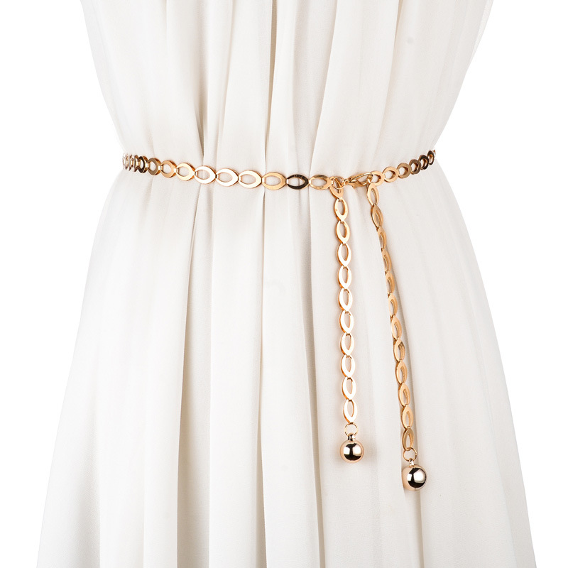 Cadena de cintura con colgante de bola de Metal para mujer, cinturón fino, faja larga de Color dorado y plateado, correa femenina para vestido, falda, pretina decorativa