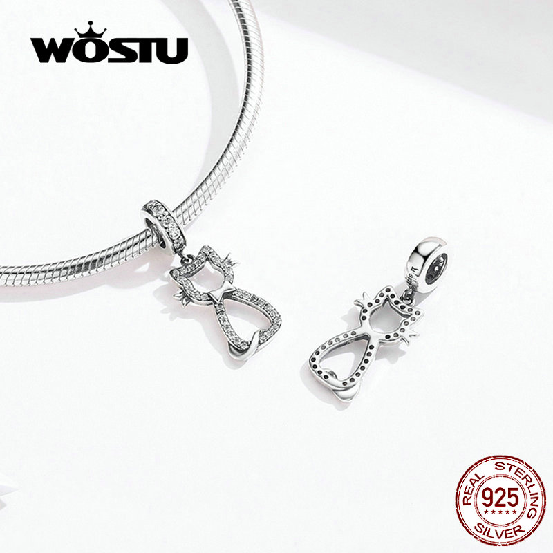 WOSTU Süße Katze Ebene Baumeln Charme 925 Sterling Silber Zirkon Perlen passen Original DIY Armbinde Silber 925 Schmuck, Der CQC1162