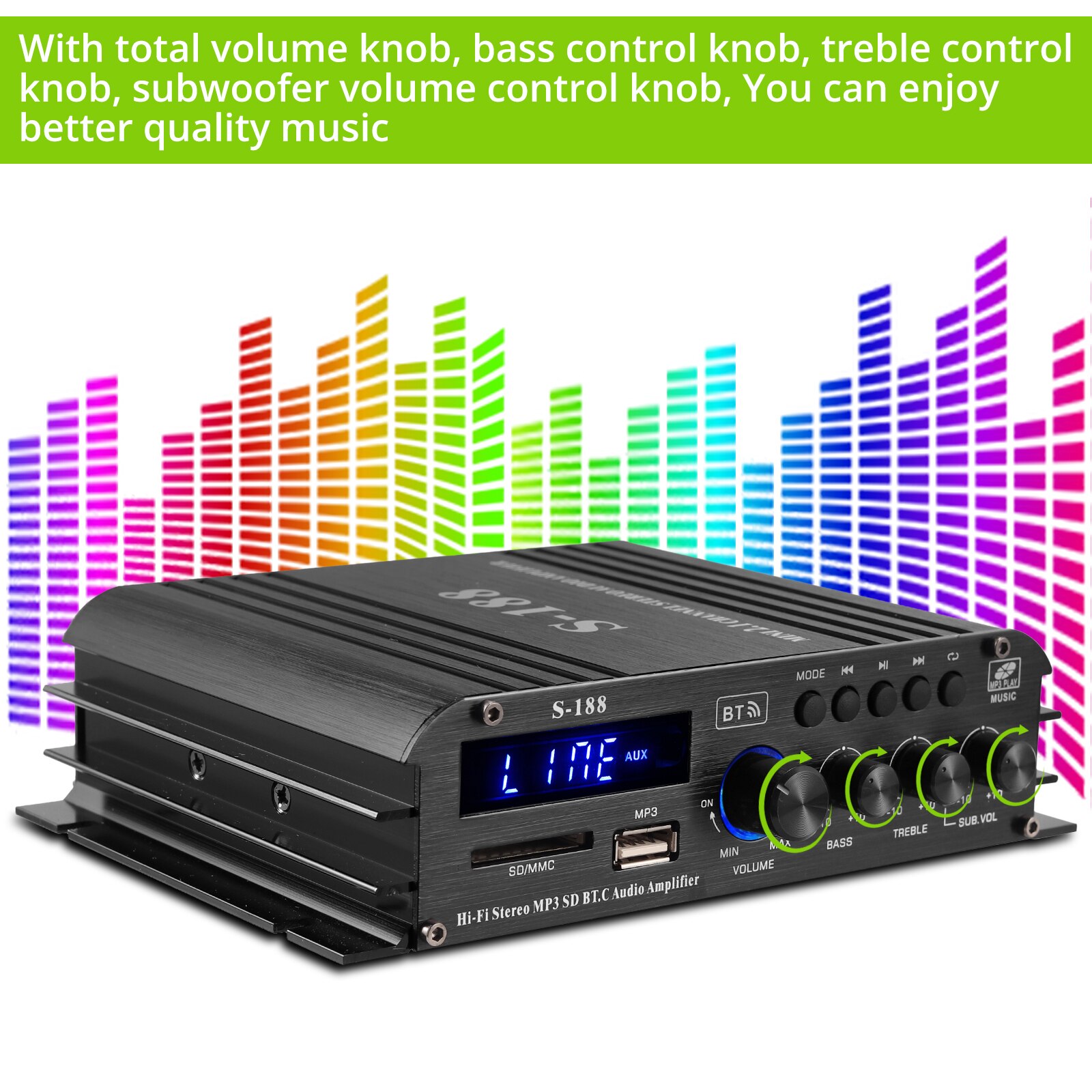 S-188 Home Digital Amplifier Bluetooth-Compatible Audio Power Amplifier Bass &amp; Treble Control Hifi USB FM Music Player Sound Amp