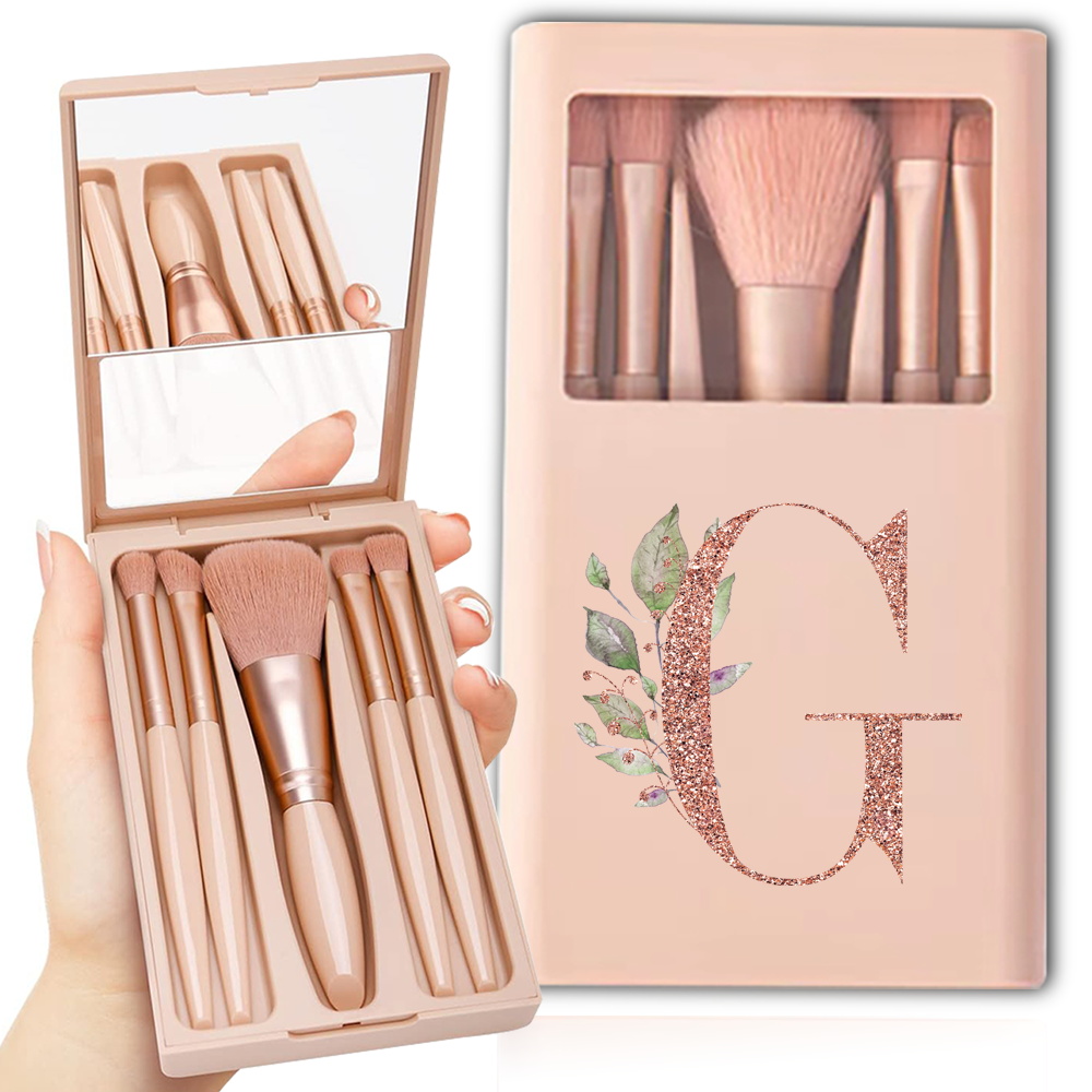 Kit de brochas cosméticas con espejo y estuche, caja plegable, juego de brochas de maquillaje, herramienta de belleza portátil, patrón de letras de oro rosa, 5 uds.: Caqui