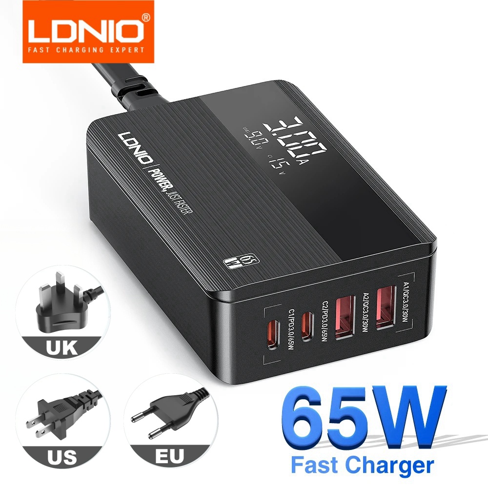LDNIO 65W Chargeur USB PD QC4.0 4 Ports Type C pour Iphone 15 13 Pro Max Samsung Xiaomi 14 Ordinateur portable Pad Macbook Chargeur de téléphone portable