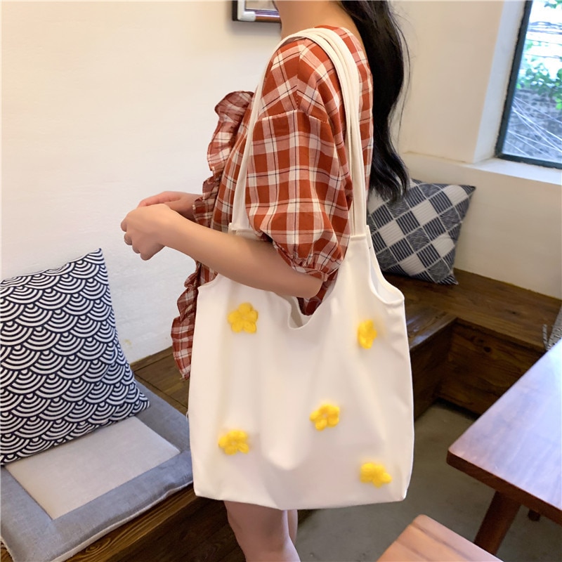 Women Canvas Shoulder Bag Bright Daisies Cotton Cloth Handbag Female Flower Casual Totes Large Capacity Shopping Bags For Girls