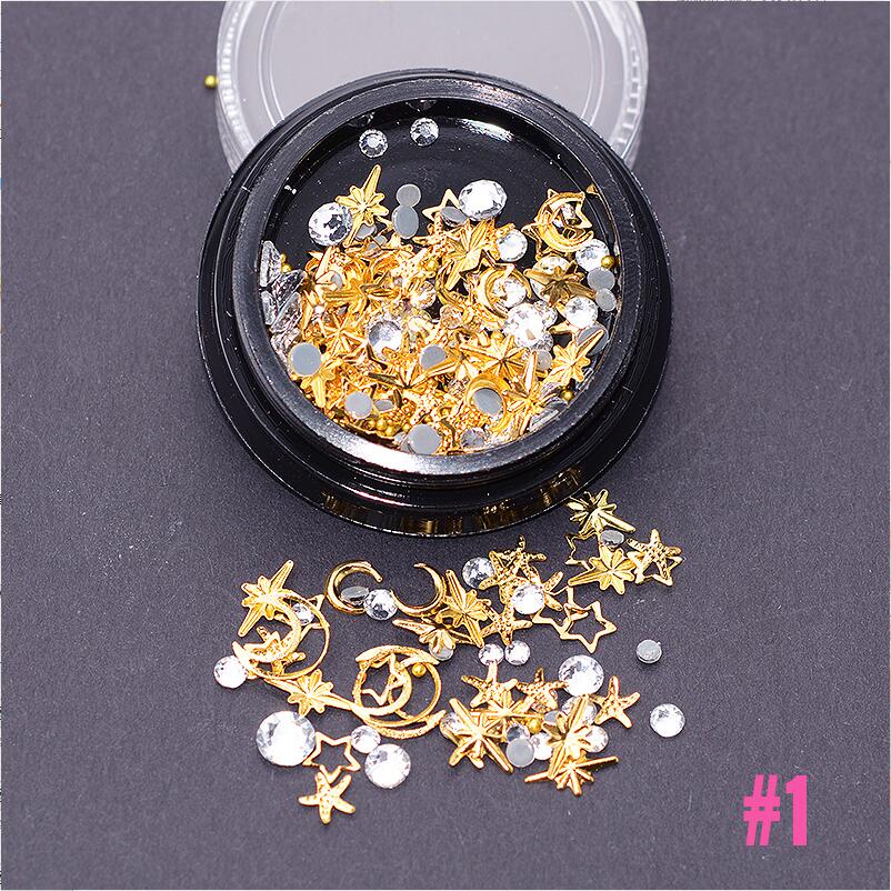 Mélange de rivets à ongles dorés, étoile, lune, strass, Punk, bijoux à ongles argent 3D, décoration pour manucure: 1