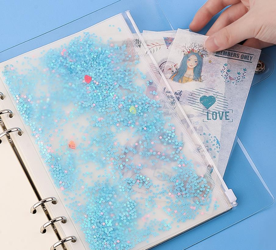 Archivador con agujeros y bolsillos de plástico para libreta, bolsa con cremallera para 6 anillos, con copos de brillantina, decoración de estrellas, A5/A6