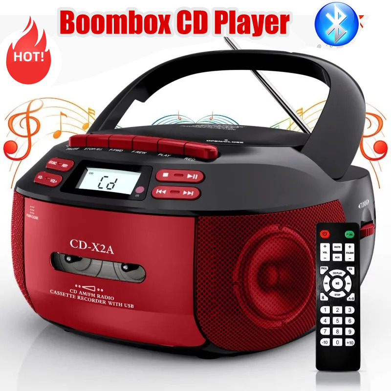 Boombox CD Player Portable Cassette AM FM Radio Bluetooth Speakers AUX USB MP3 Plays with Remote Control Support AC/DC Powered
