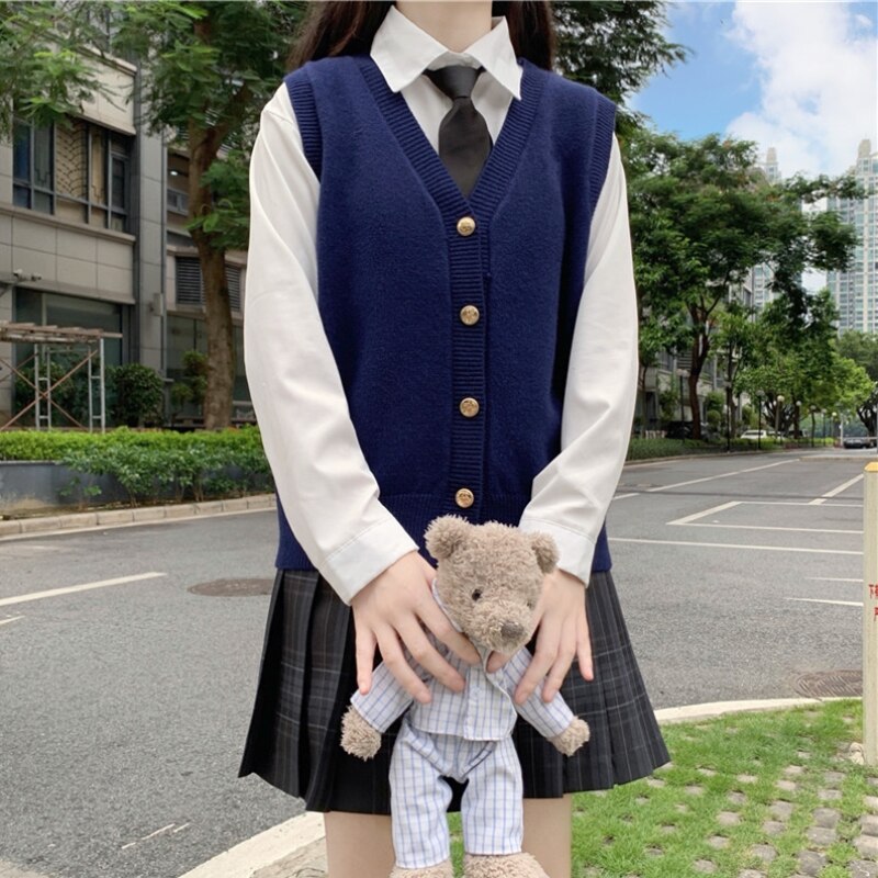 Japansk høyskole-stil jk uniform genser v-hals strikket cardigan yttervest dame topp skoleuniform skolejente uniform