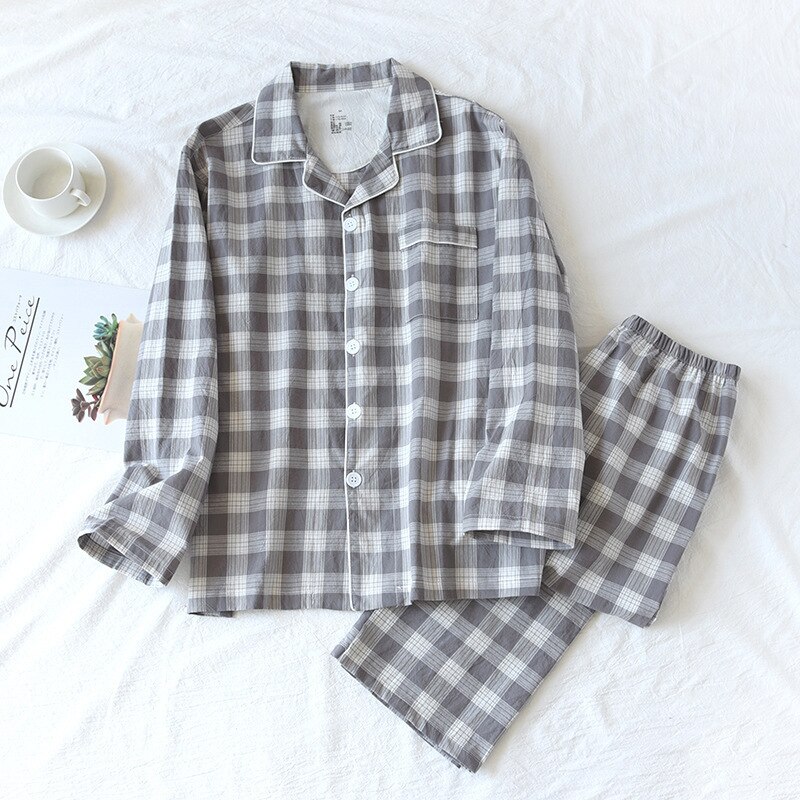 Conjunto de 2 unids/set de pijamas para hombre y mujer, pantalones y Tops finos de manga larga, traje de Pijama largo a cuadros, ropa de dormir para pareja, primavera, verano y otoño