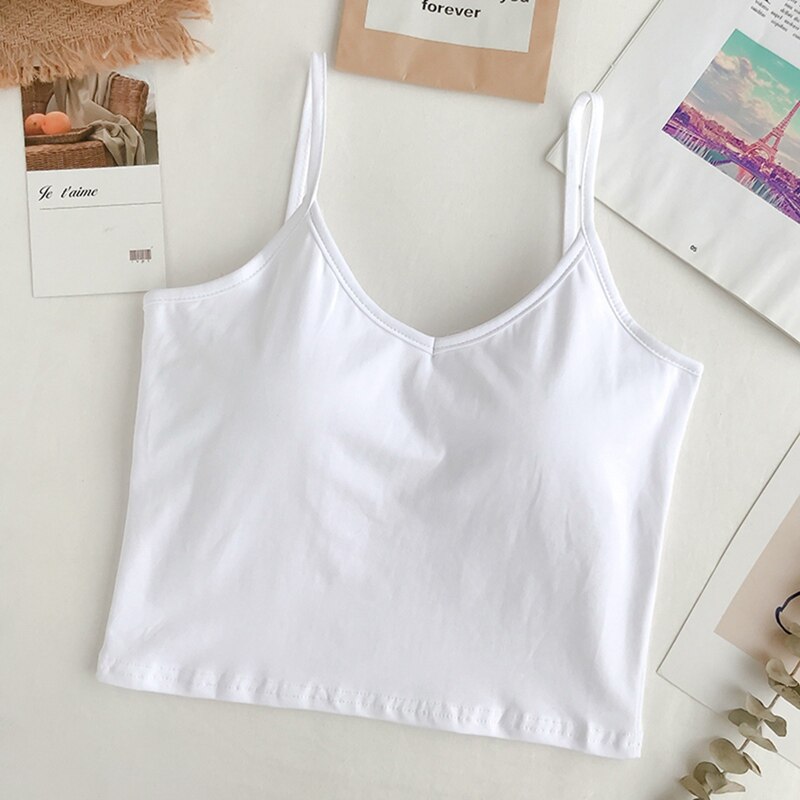 Women Cotton Basic Camisoles Female Cozy Spaghetti Strap Sexy Back Camis Solid Color Ladies Comfy Underwear: white