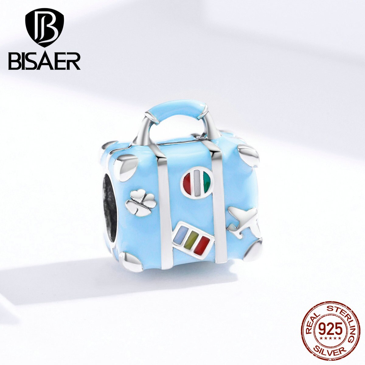 Travel Charms BISAER 925 Sterling Silver Travel Suitcase Box Beads Blue Charms fit Women Bracelets Jewelry ECC1377