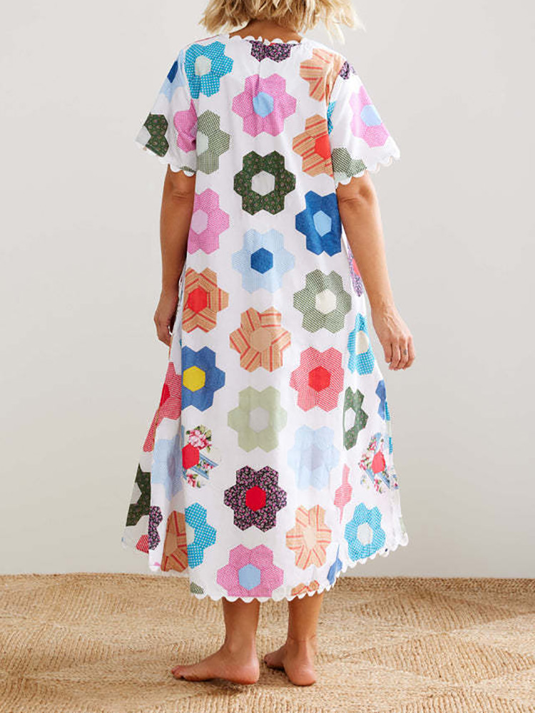O Neck Casual Female Patchwork Maxi Dress, Women Summer Short Sleeve Chic Party Dress, Printed Ladies Dress