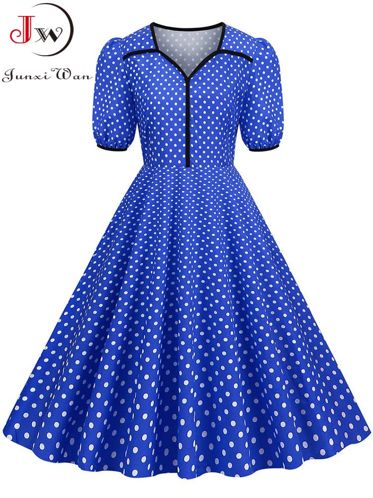 Women's V-neck Summer Dress Polka Dot Print Slim Fit Swing Short Sleeve Party Sundress Robe