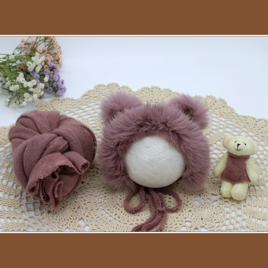 3pcs/set Newborn Photography Props Blanket Hat Baby Photography Wrap Props Bear Doll Baby Photo Shoot Accessories: Lilac