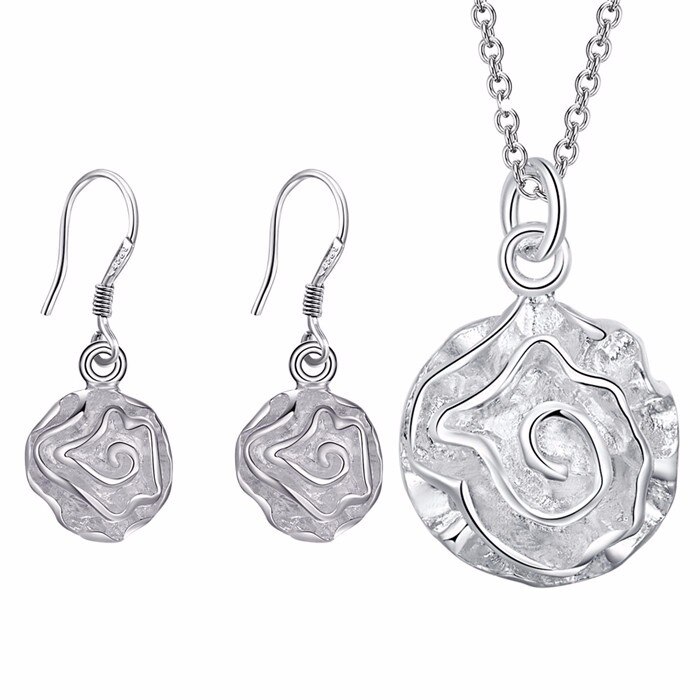 Conjuntos de joyería de de color plateado, collar, pendientes, flor, rosa, 18 pulgadas, para mujer, , venta directa de fábrica