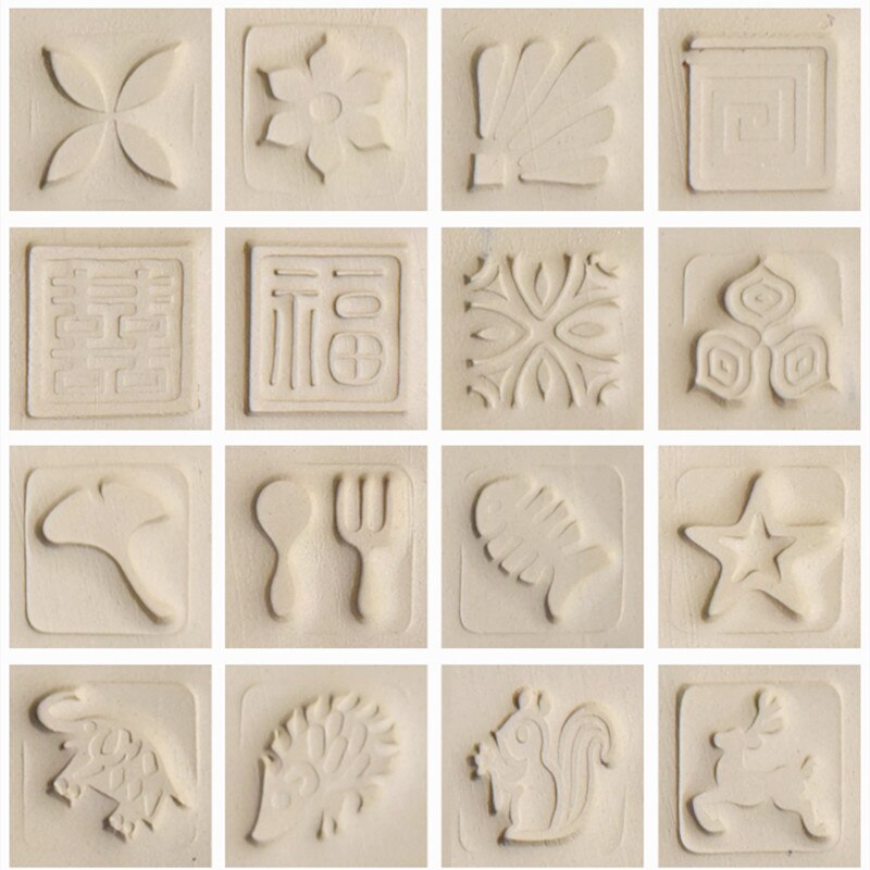 16pcs of pottery wood texture texture seal solid wood cartoon moon cake printing tool pottery mud plastic mold stamp