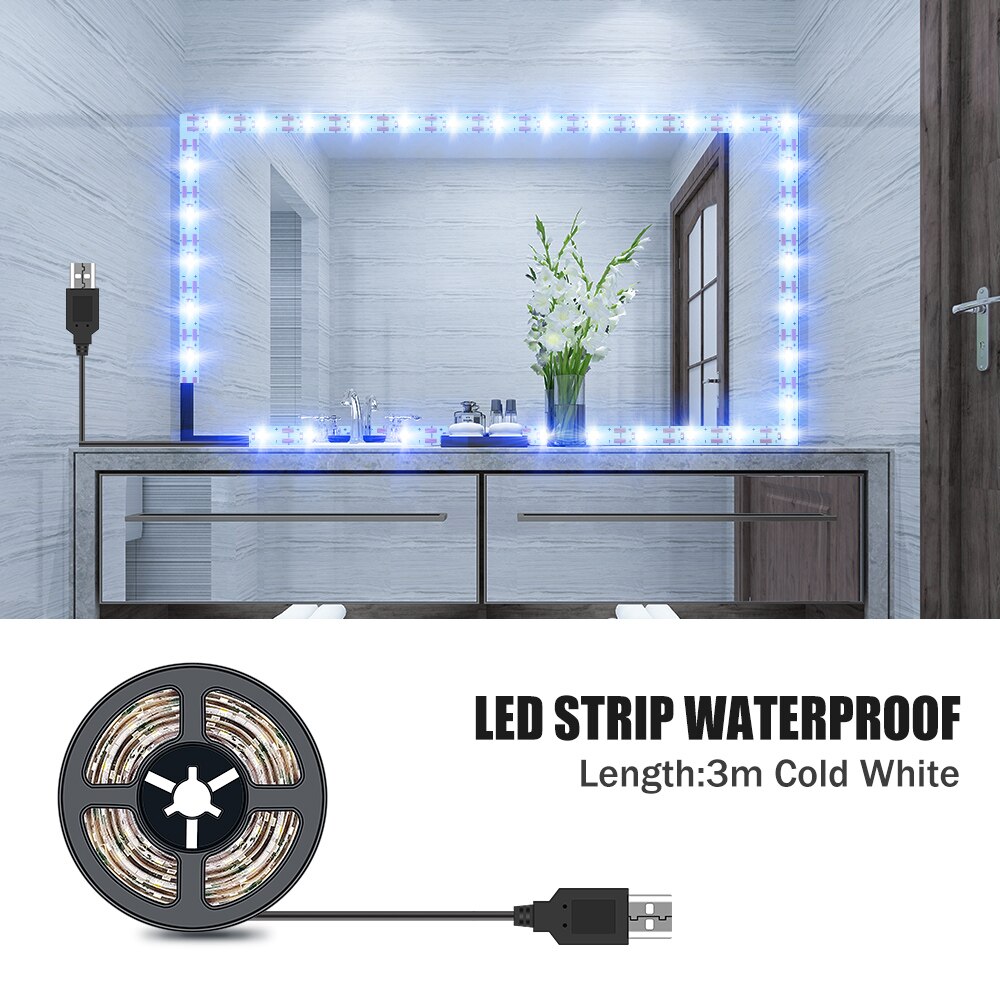 Luz LED para espejo de maquillaje, luces de tocador Hollywood impermeables de 5V, 1M, 2M, 3M, 4M, 5M, para decoración de baño: 3M  Cold White