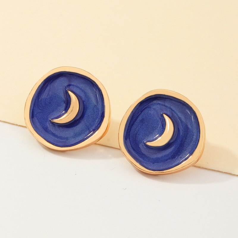 Cute Sweet Moon Star Stud Earrings for Women Korea Style Enamel Round Coin Statement Earrings Party Jewelry: Blue