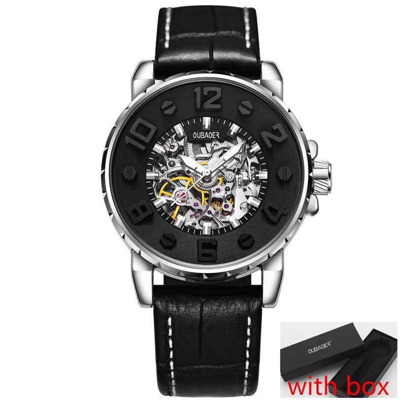 OUBAOER-Reloj de pulsera para hombre, de negocios, automático, Tourbillon, mecánico, resistente al agua, masculino,: silver black004A box