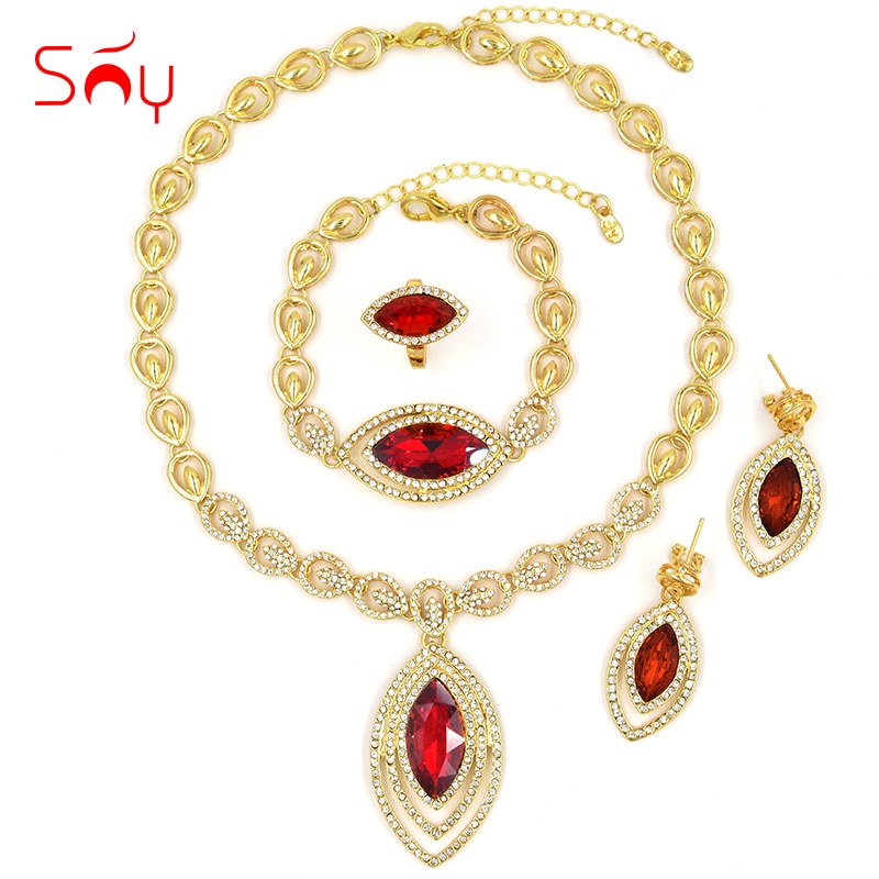 Sunny joyería Vintage de circonia cúbica roja para mujer, conjunto de joyería nupcial, collar de gota de agua de boda, pendientes, anillo, pulsera